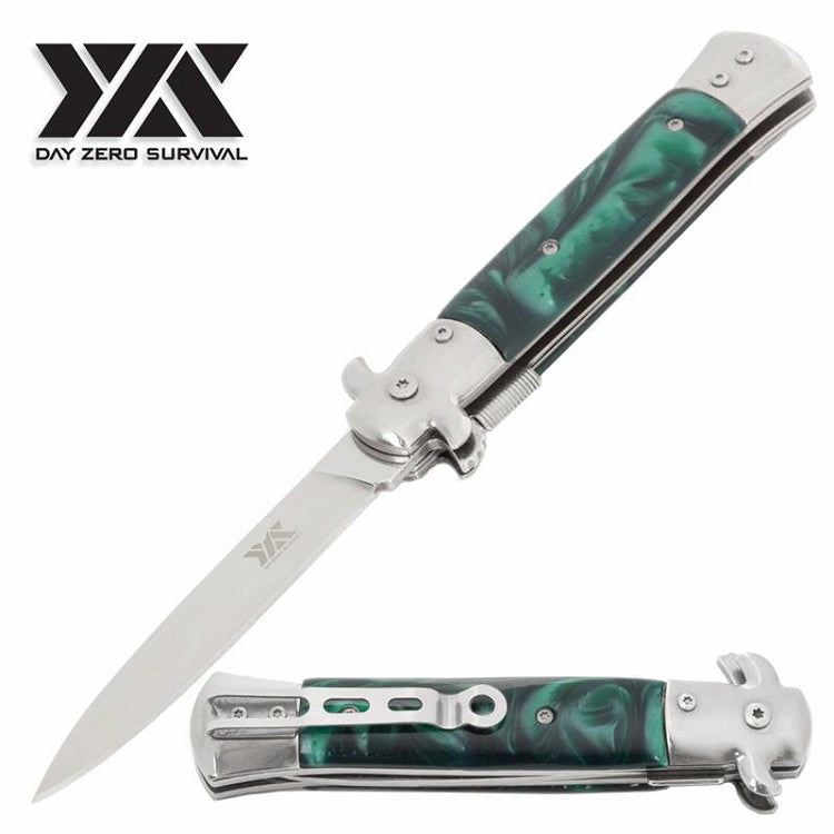 9" Italian Milano Green Stiletto Style DZS Spring Assisted Open Pocket Knife