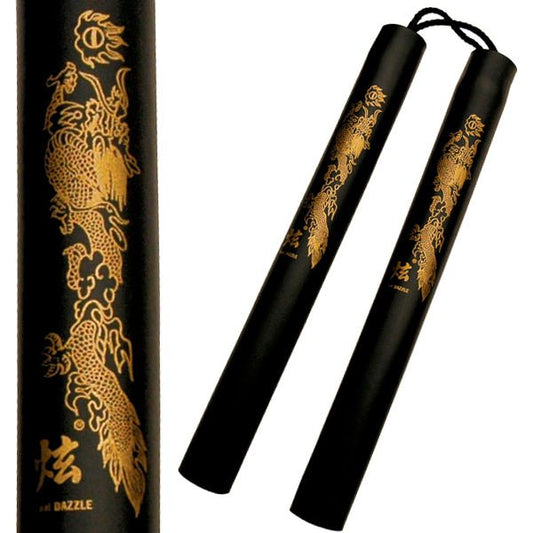 12 Inch Black Foam Padded Nunchaku with Dragon Graphic - Rope Version