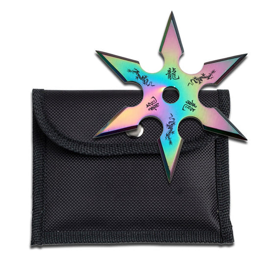 Rainbow Stainless Steel 6 Point "Dragon" Throwing Star W/ Pouch - 4MM Thick