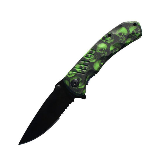 8 Inch Green Zombie Skull Tactical Spring Assisted Open Pocket Knife