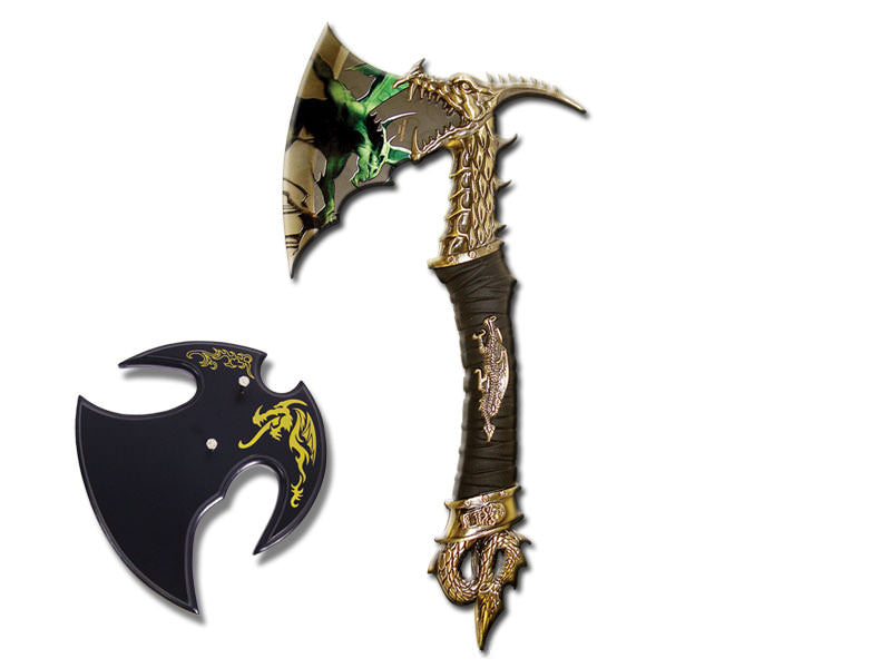 Fantasy Dragon Axe With Wooden Plaque