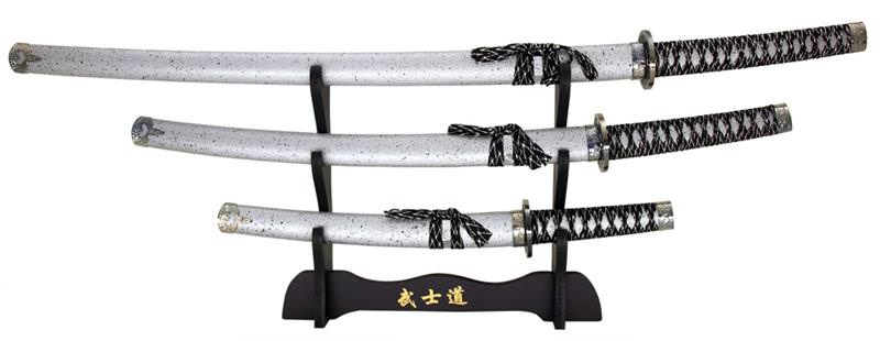 3-pc. Samurai Sword Set With Display Stand Silver & Black