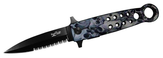 8 Inch Duck Grey Skull Camo, Half Serrated Assisted Open Pocket Knife