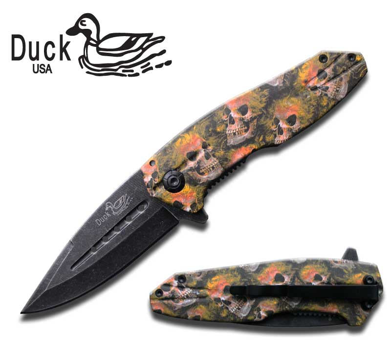 4.5 Inch Closed Heavy Duty Yellow/Orange Skull Camo Spring Assist Knife