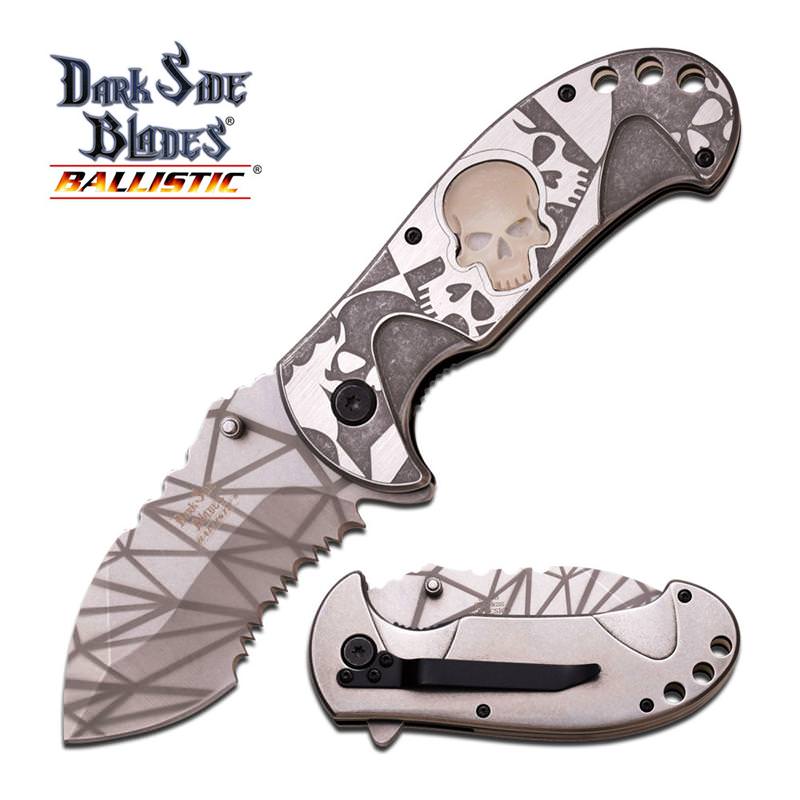 Spring Assisted Folding Knife Gray White Glow-in-Dark Skull Serrated Blade