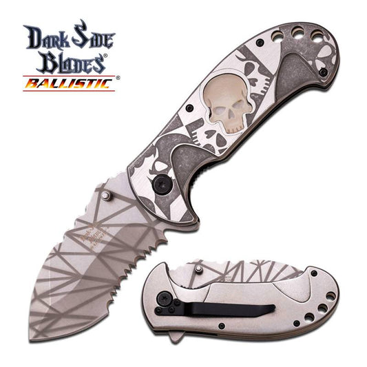 Spring Assisted Folding Knife Gray White Glow-in-Dark Skull Serrated Blade