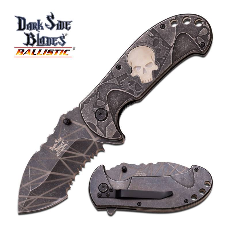 Spring Assisted Folding Pocket Knife Gray Glow-in-Dark Skull Serrated Blade