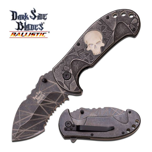 Spring Assisted Folding Pocket Knife Gray Glow-in-Dark Skull Serrated Blade