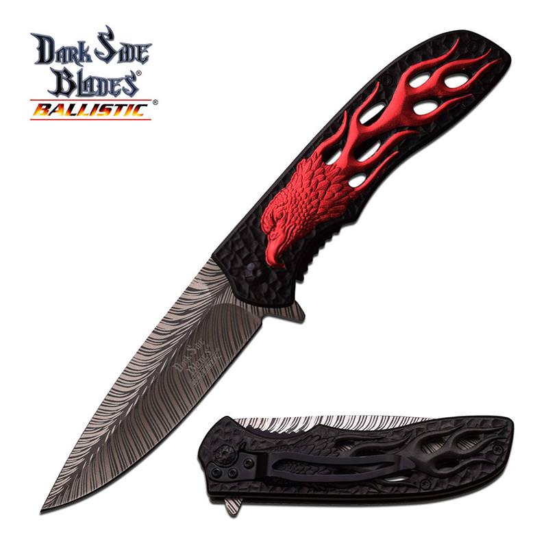 Spring Assisted Knife Red Black Fire Eagle Feather Fantasy Tactical