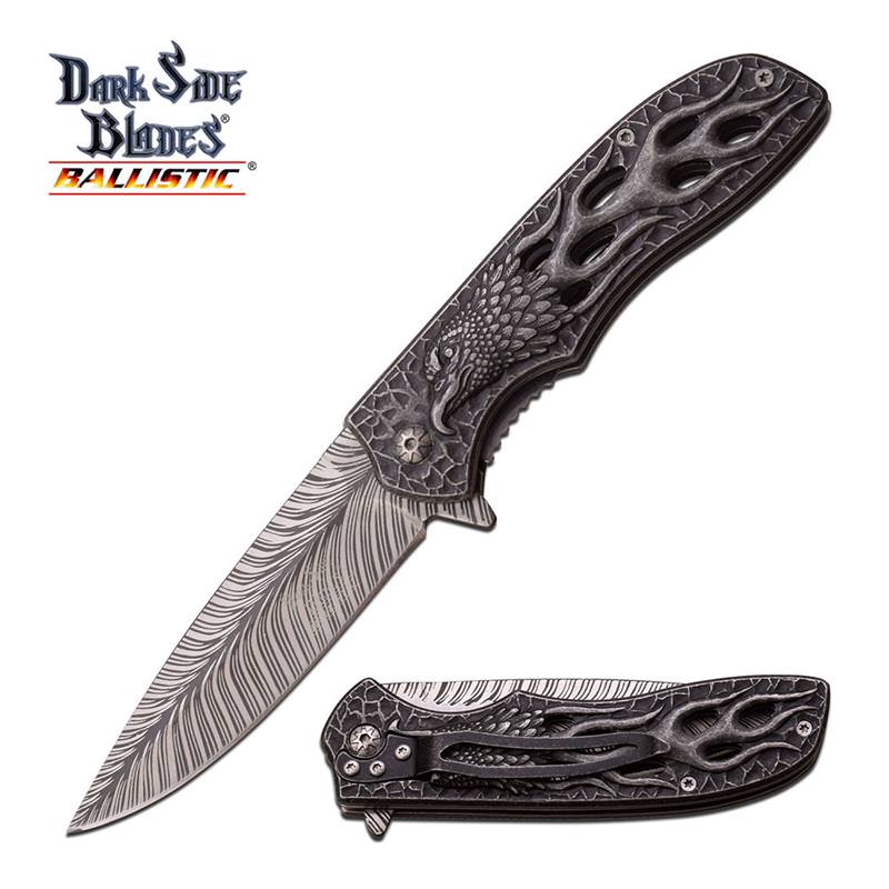 Spring Assisted Knife Gray Flaming Eagle Feather Fantasy Tactical