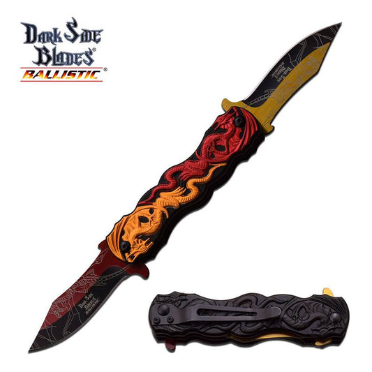 Dual Blade Red Orange Dragon Fantasy Blade Spring Assisted Knife