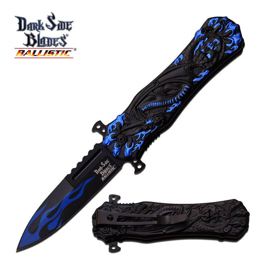 Spring Assist Open Fantasy Knife Blue Dragon Design With Clip