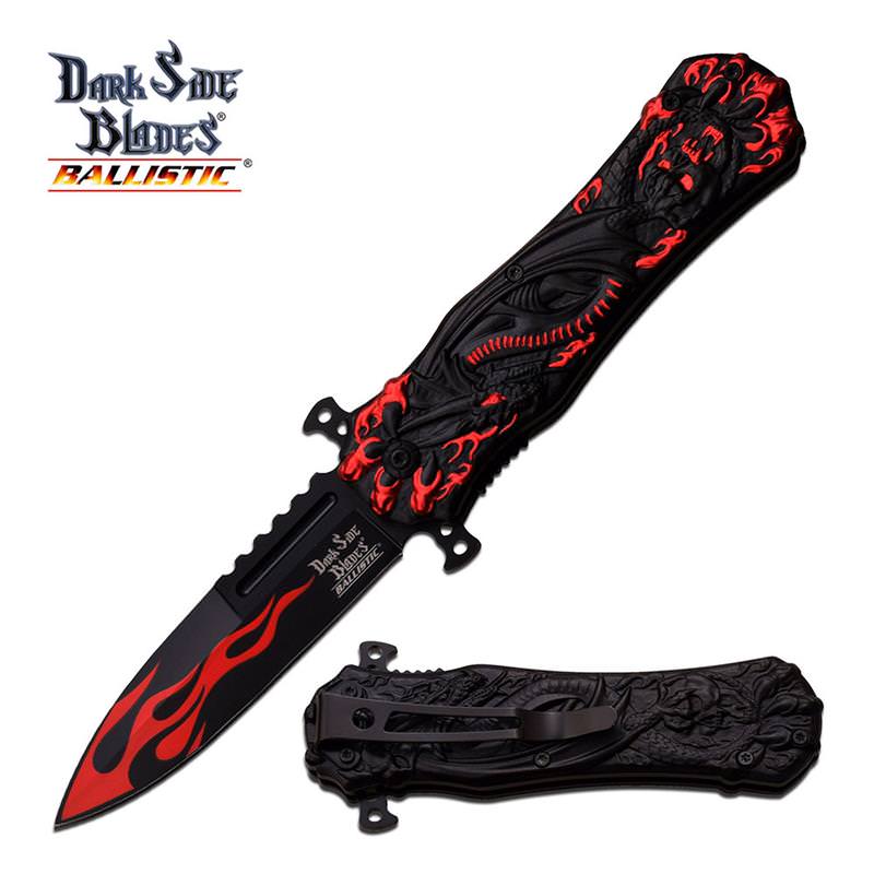 Black Red Hell Dragon Tactical Stiletto Blade Spring Assist Pocket Knife