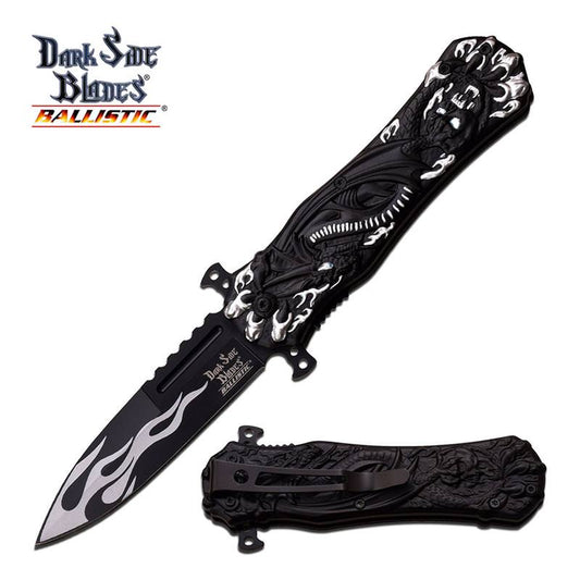 Spring Assist Open Fantasy Knife Black Dragon Design With Clip