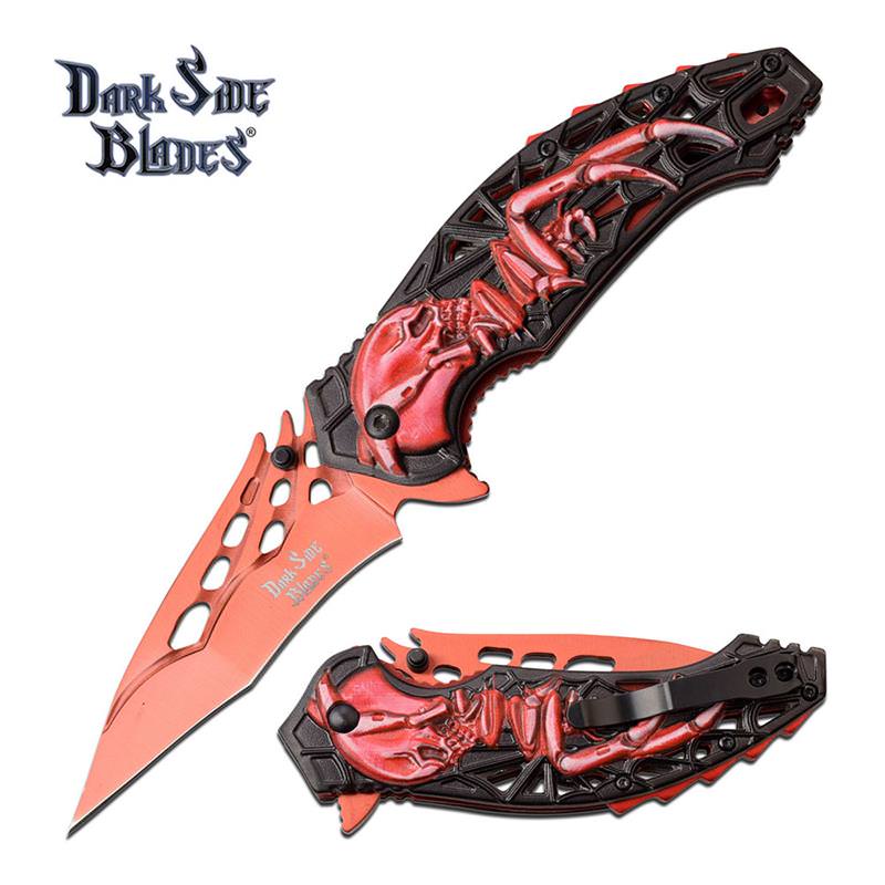 Skull Spider Fanntasy Spring Assisted Folding Pocket Knife Blue Red
