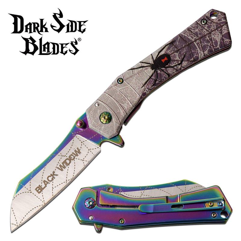 Black Widow Spider Spring Assisted Folding Pocket Knife Rainbow