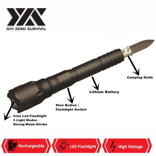 Outdoor Camping Rechargeable Stun Gun, FlashLight, Compass, Hidden Dagger