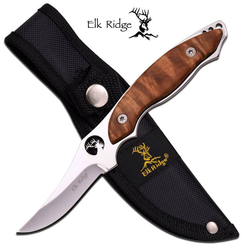 7" Full Tang Mirror Blade Burl Wood Handle Fixed-Blade Hunting Knife