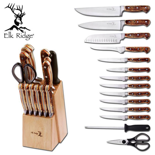 Elk Ridge 15 Piece Kitchen Cutlery Knife Set And Block Stainless Steel Chef Knives