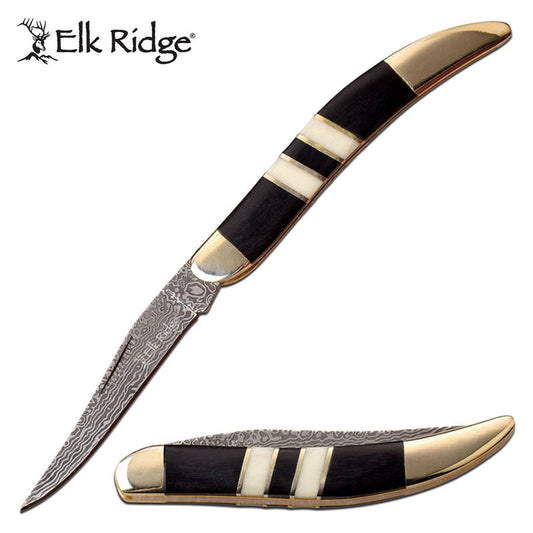 Damascus Etched Blade Toothpick Folding Knife Bone Inlay & Black Pakkawood