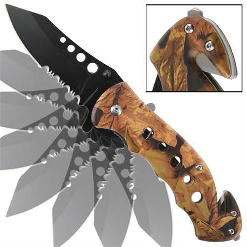 Emergency Autumn Tree Camo Serrated Spring Assist Knife