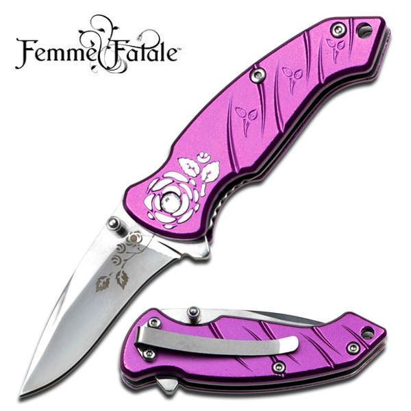 Magenta Pink Femme Fatale Women's Wild Rose Folding Knife Spring Assisted