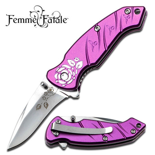 Magenta Pink Femme Fatale Women's Wild Rose Folding Knife Spring Assisted