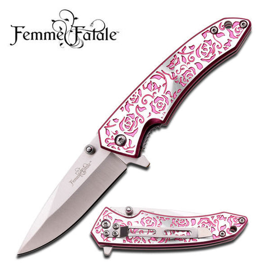 Pink Rose Texture Handle Spring Assisted Opening Knife