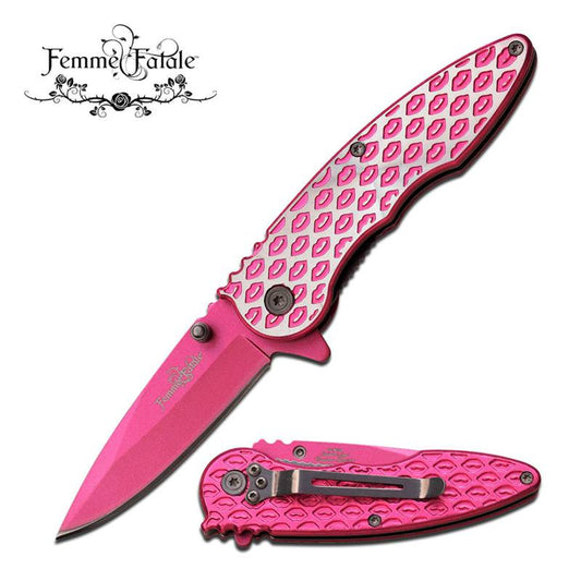 Femme Fatale SMOOCHES Assisted Open Pocket Knife Pink Blade Lips