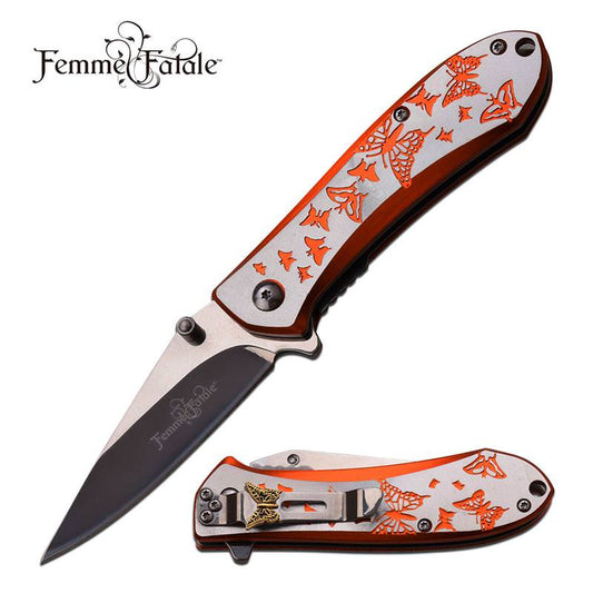 4 Inch Closed Butterfly Design Assisted Opening Knife Peach Silver Handle