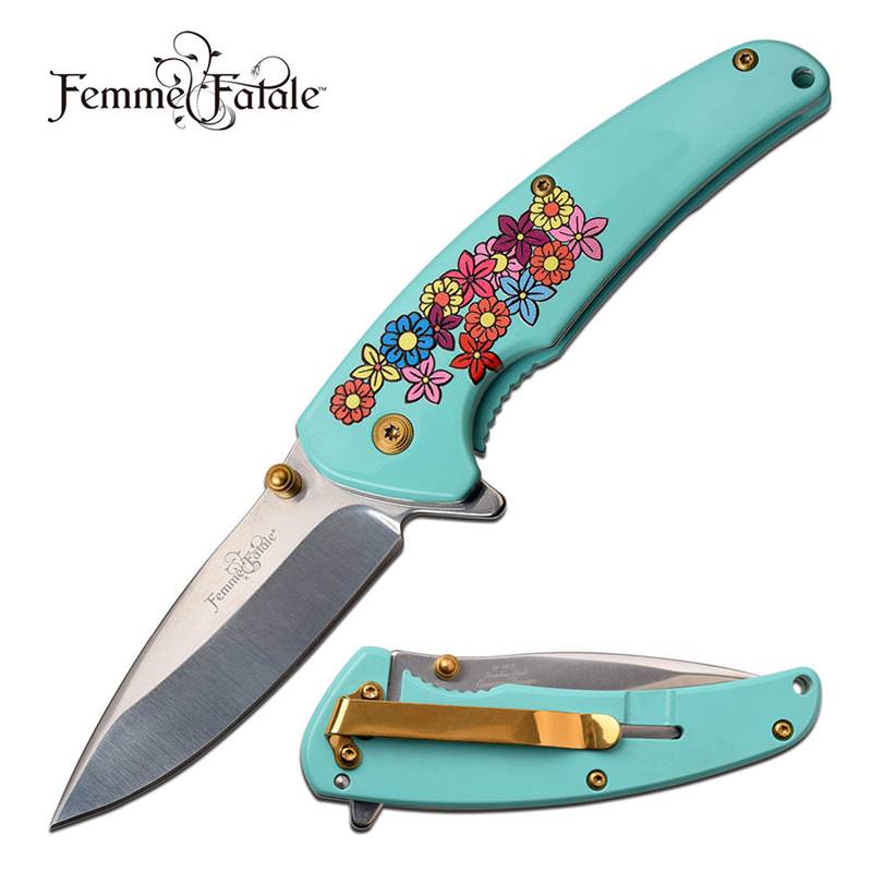 Mirror Polish Blade Blue Flower Spring Assisted Folding Knife