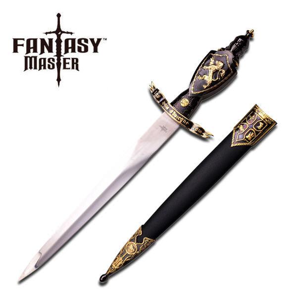 Black & Gold Lion Coat of Arms Royal Dagger Knife with Scabbard