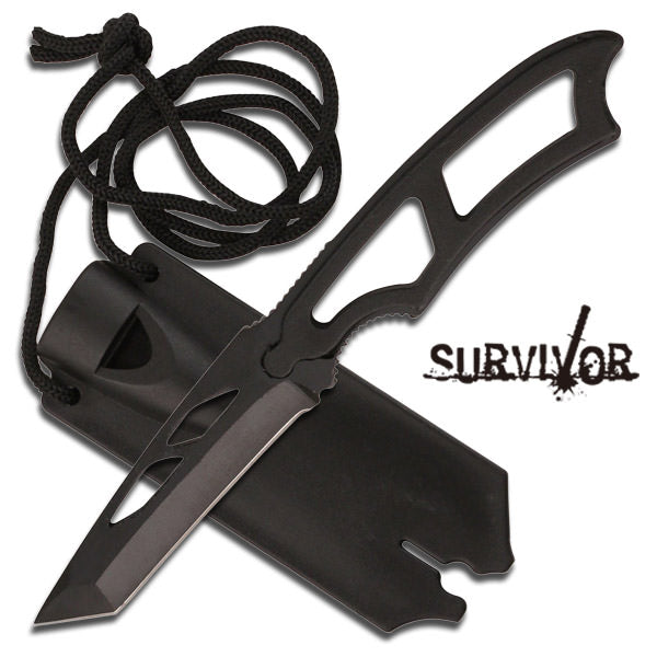 6.5" Black Minimalist Tactical Neck Knife with Whistle Tanto Blade Undercover