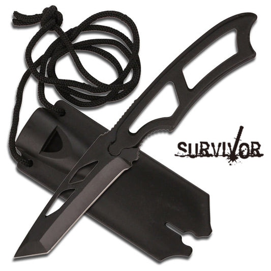 6.5" Black Minimalist Tactical Neck Knife with Whistle Tanto Blade Undercover