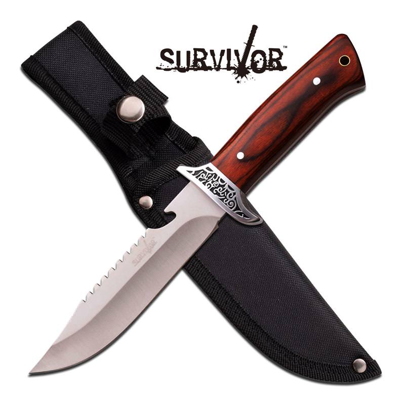 Fixed Blade Wood Handle Rear Serrations Hunting Knife