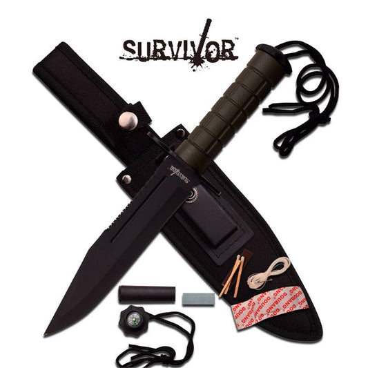 12" Black Green Military Combat Blade With Sheath + Kit Survival Knife