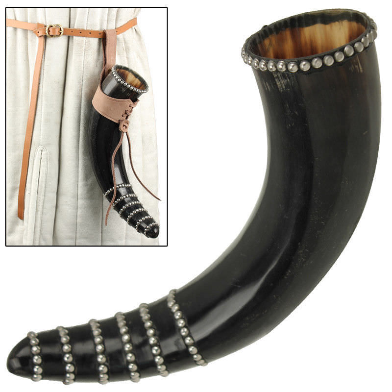 Norman Studded Viking Drinking Bovine Horn Mug Brown Leather Holder