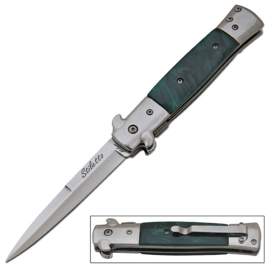 9 Inch Italian Stiletto Tactical Spring Assisted Open Pocket Knife Green
