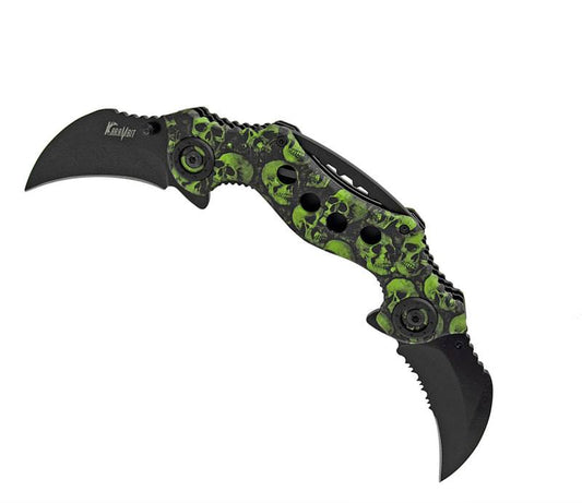 Double Trouble Dual Blade Karambit Assisted Open Knife - Green Skull Camo