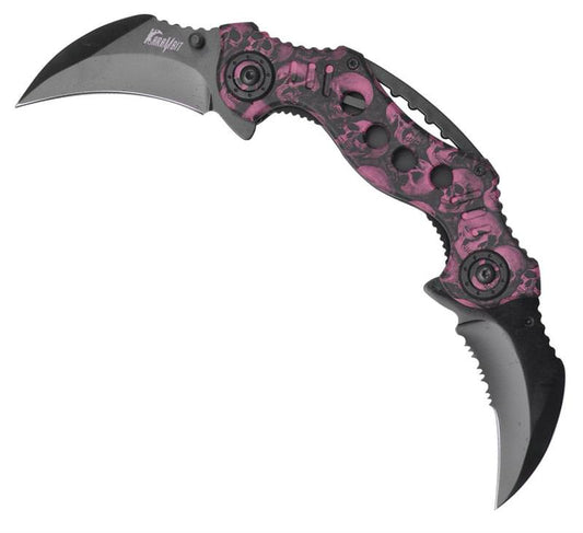 Double Trouble Dual Blade Karambit Assisted Open Knife - Pink Skull Camo