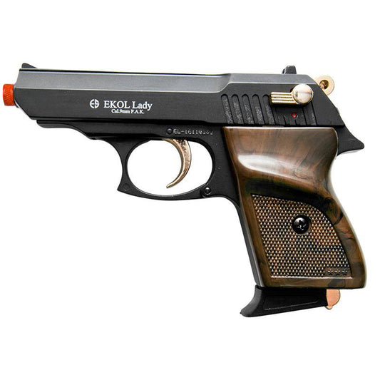 Semi Automatic Front Firing Blank Pistol Black Finish with Gold Fittings