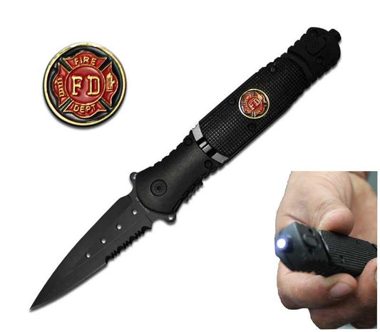 Fire Fighter Tactical KNIFE Spring Assist With Built In LED FLASHLIGHT