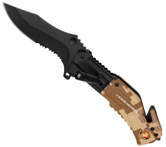 Marines Rescue Folder Spring Assist Knife With LED Light