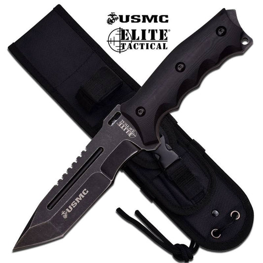 USMC Elite Tactical 10.75 inch Overall Fixed Blade Knife Black And Stonewash