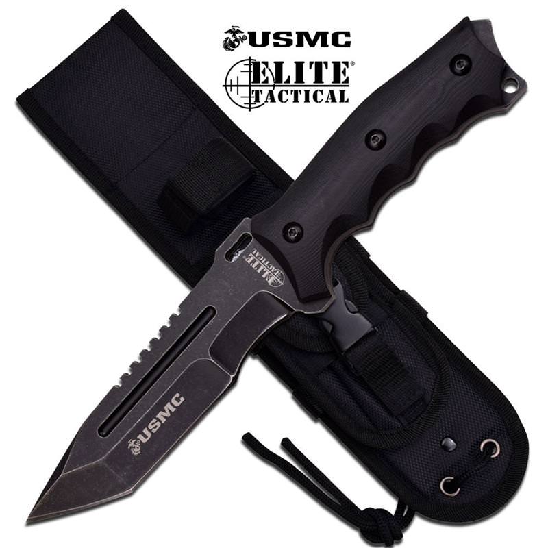 USMC Elite Tactical 10.75 inch Overall Fixed Blade Knife Black And Stonewash