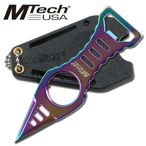 4.45" Rainbow Titanium Blade Neck Knife Dagger With Bottle Opener