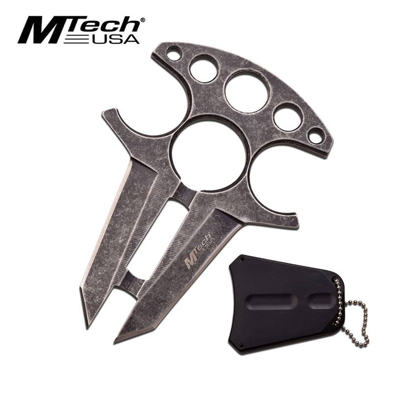 Tactical Double Edge Neck Knife Stone Washed Handle with Finger Ring Holes