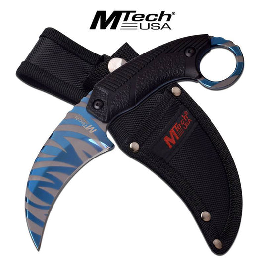 Mtech Blue Tiger Stripe Karambit Tactical Combat Fixed Blade Knife