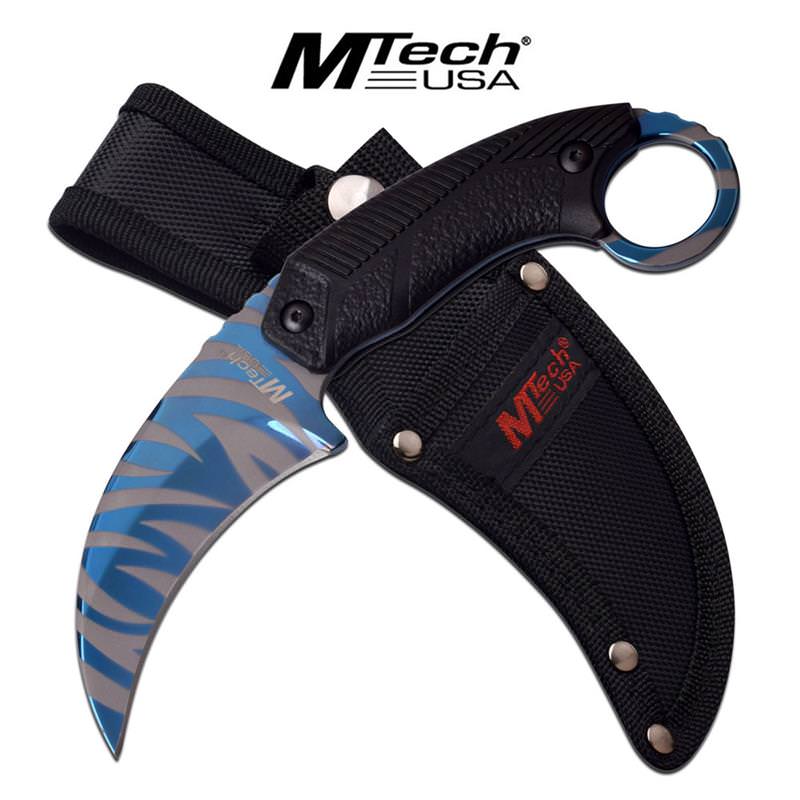 Mtech Blue Tiger Stripe Karambit Tactical Combat Fixed Blade Knife