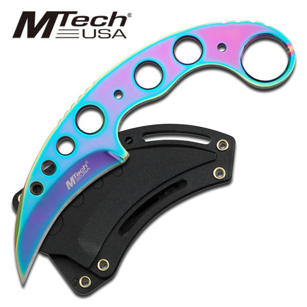 Titanium Coated Full Tang Rainbow Karambit Neck Knife With Sheath